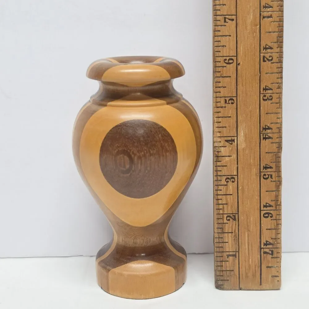 Vintage Hand Turned Wood Marquetry Bud Vase Segmented Layered Mosaic Rustic - Picture 6 of 9